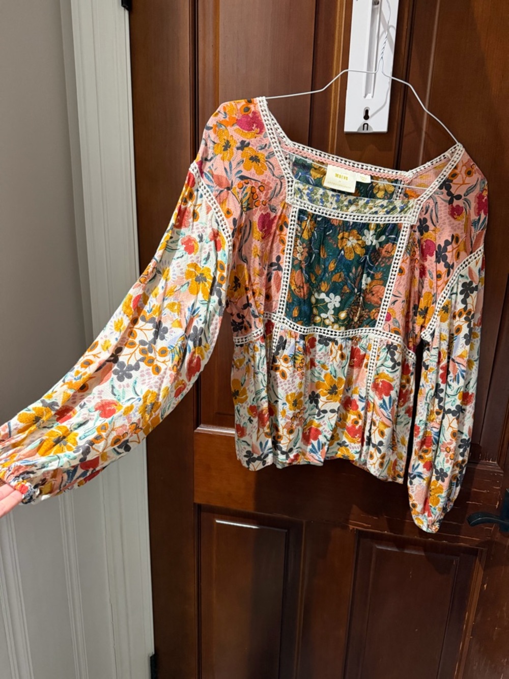 Anthropologie Maeve Floral Patchwork Peasant Blouse in Pink, Green, Yellow - Picture 5 of 13